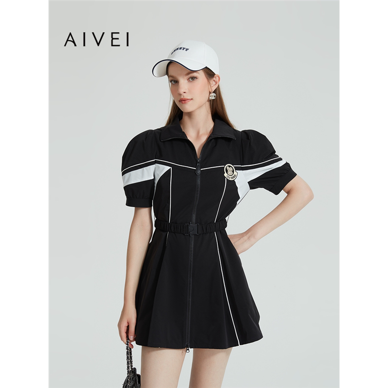 AIVEI欣贺艾薇夏季新运动学院风高腰撞色泡泡短袖连衣裙R0360064