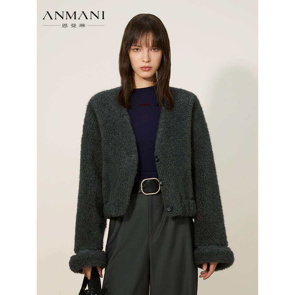 ANNMEL恩曼琳25冬季新款轻奢松弛V领短款绵羊毛皮草外套ERA7P02A