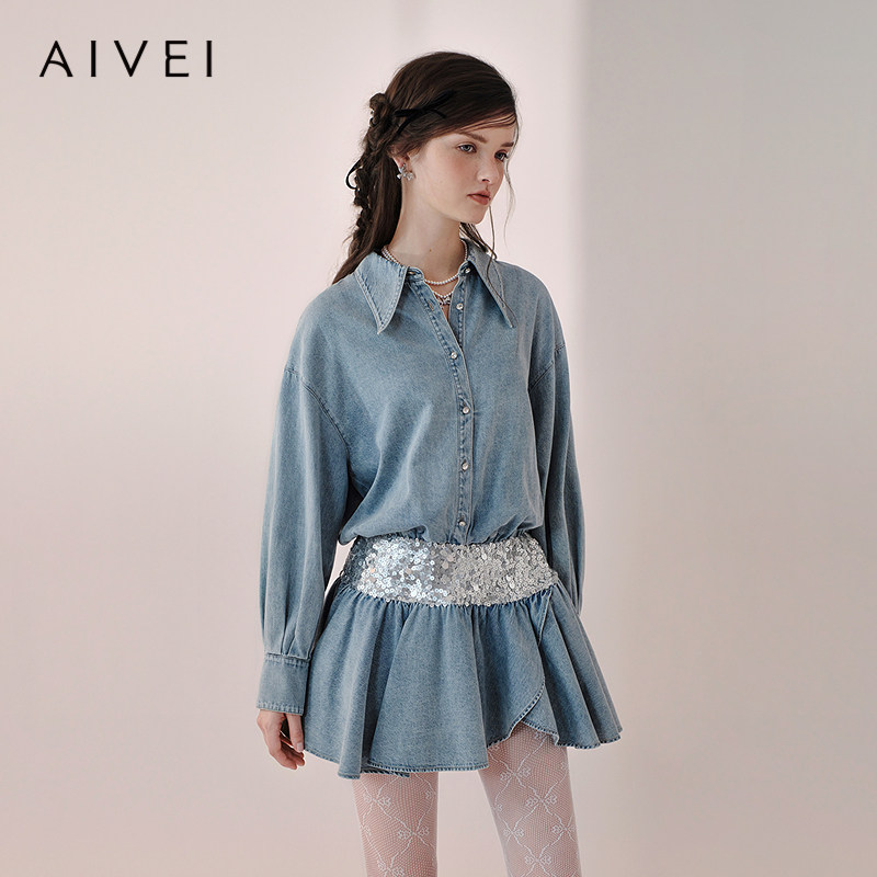 AIVEI欣贺艾薇2026春季新chic氛围感亮片收腰牛仔连衣裙XSV1L03B