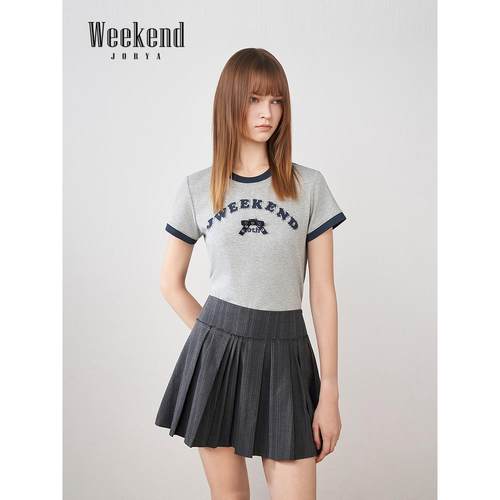 卓雅周末25秋季新款撞色圆领学院风字母LOGO蝴蝶结短袖T恤W4T01C