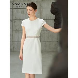 ANNMEL恩曼琳25夏季新款气质通勤蕾丝拼接纯白修身连衣裙EANFBA42