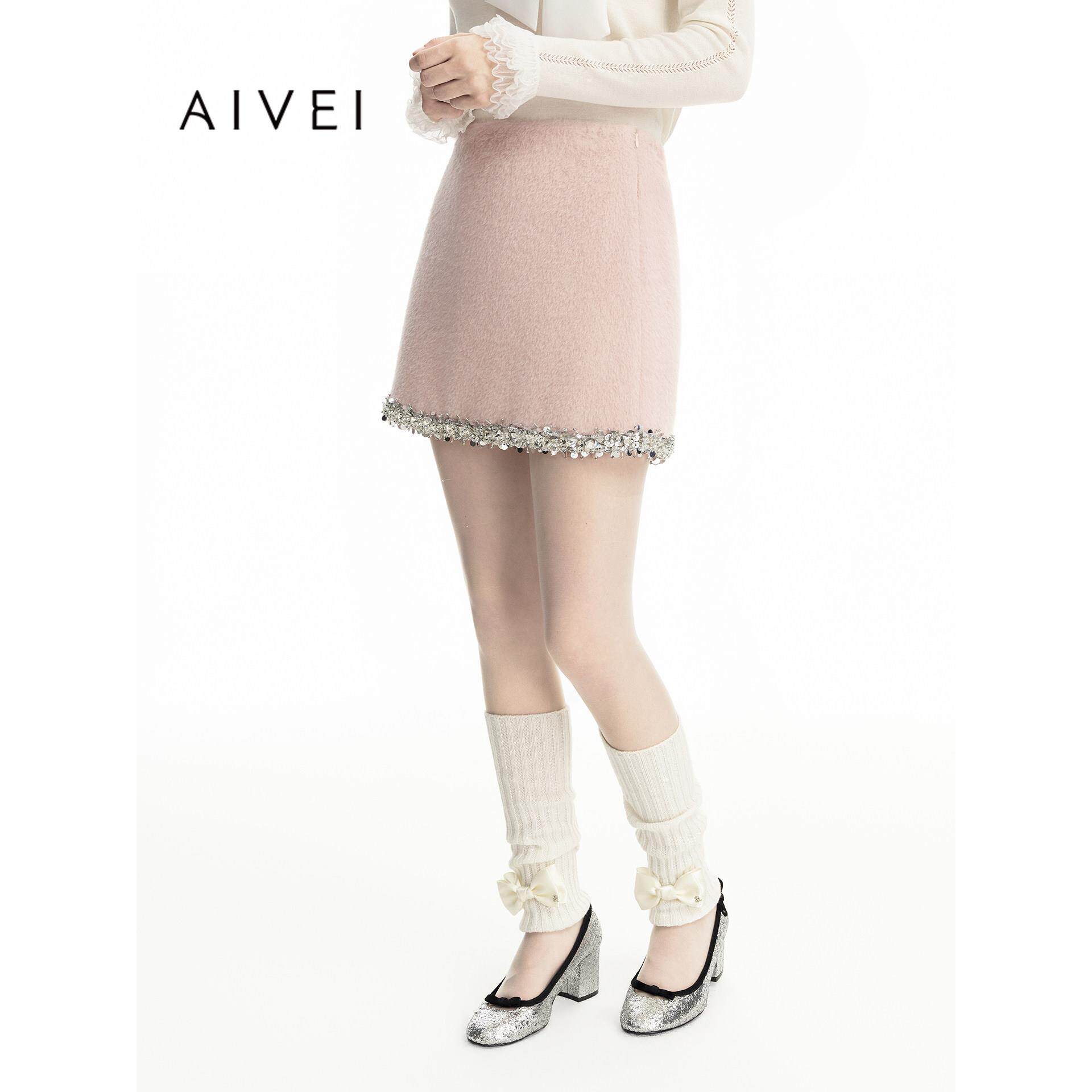 AIVEI欣贺艾薇2026冬季千金名媛温柔风轻奢亮片毛呢A字裙ESV7Q01B