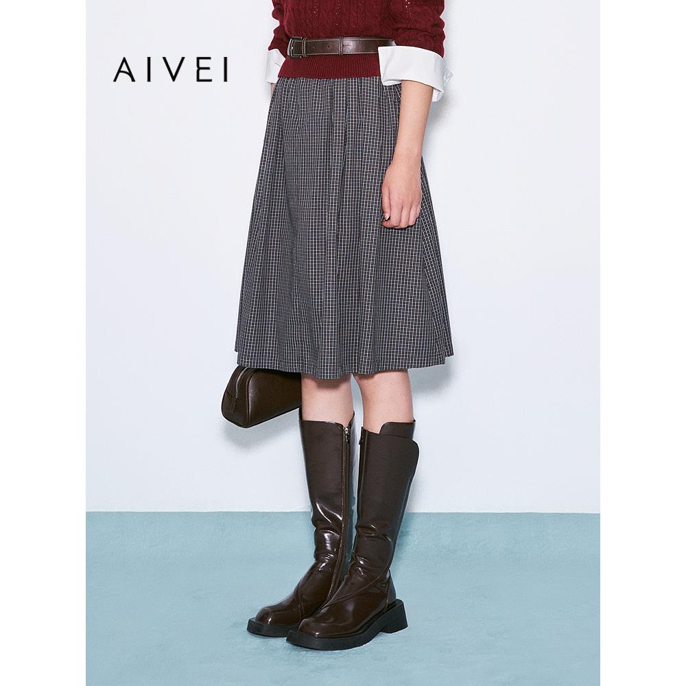 AIVEI欣贺艾薇2025冬季新复古英伦学院风文艺格纹中长裙XRV7Q09A
