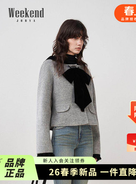 卓雅周末25秋季新款连帽甜心蝴蝶结宽松骆驼绒羊毛呢外套ERW4W17A