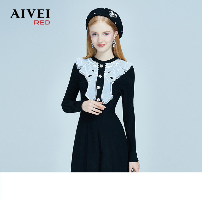 【虞美人系列】AIVEI欣贺艾薇2022冬季新蕾丝绣花显瘦针织连衣裙