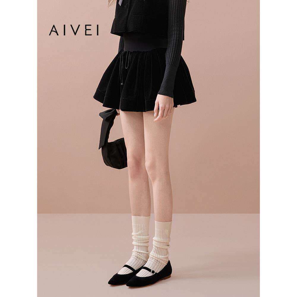 AIVEI欣贺艾薇2025秋季小个子甜妹高腰显瘦丝绒蓬蓬伞裙XRV5Q07A