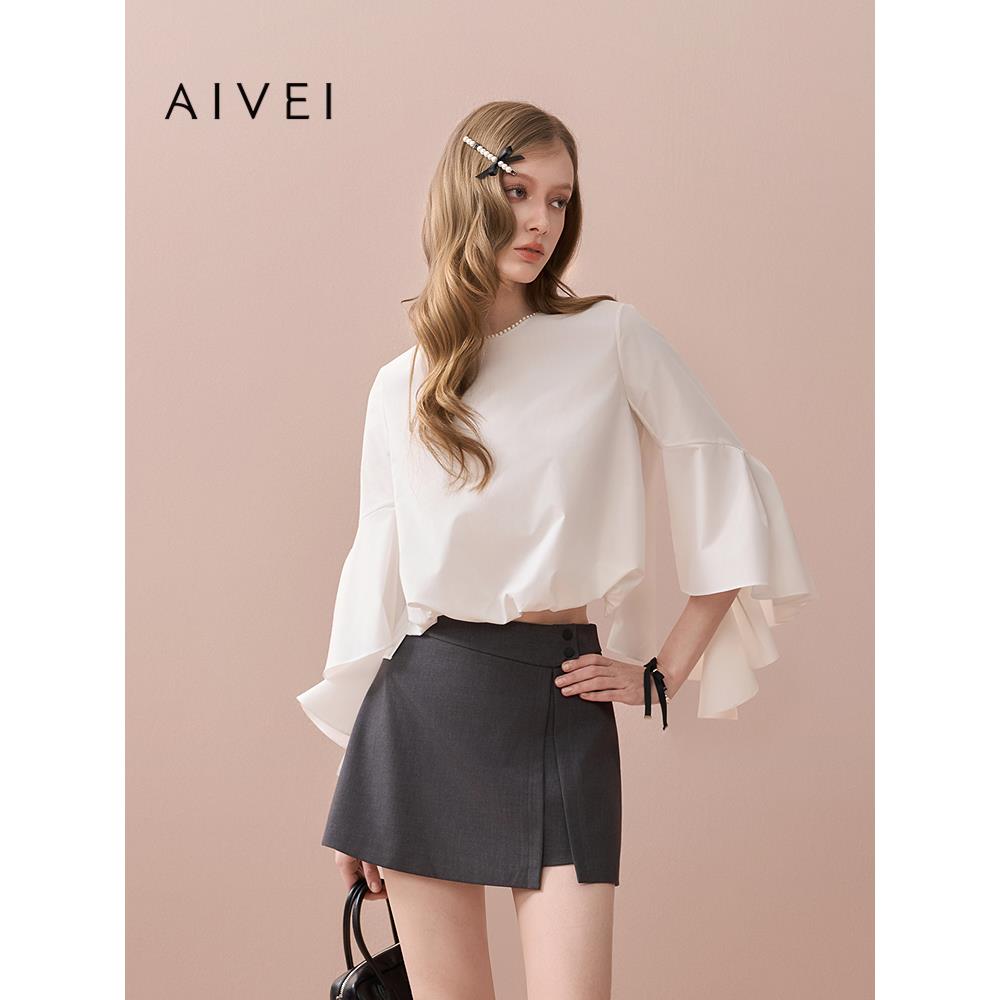 AIVEI欣贺艾薇2025秋季新极简通勤喇叭袖白色衬衫上衣XRV5C09A