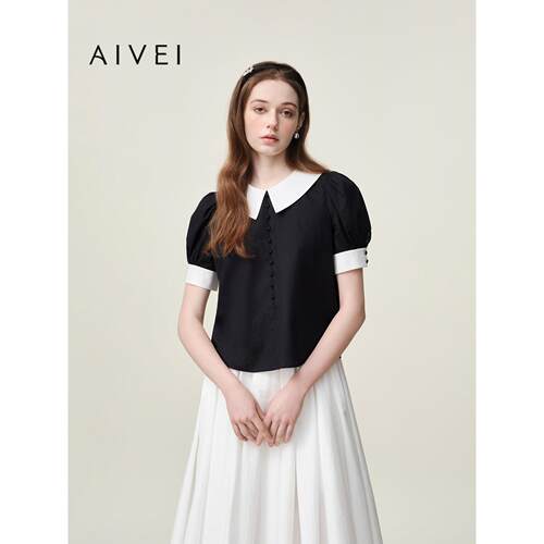 AIVEI欣贺艾薇2026夏季新韩系温柔风千金泡泡袖撞色衬衫XSV3C04B