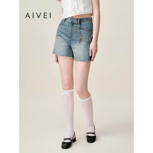 AIVEI欣贺艾薇2026夏季新休闲街头做旧毛边直筒牛仔短裤XSV3Y03C