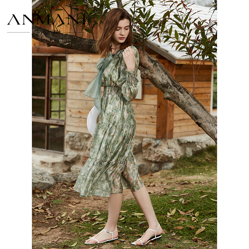 ANNMEL恩曼琳春季新款法式蝴蝶结系带A摆印花度假茶歇连衣裙