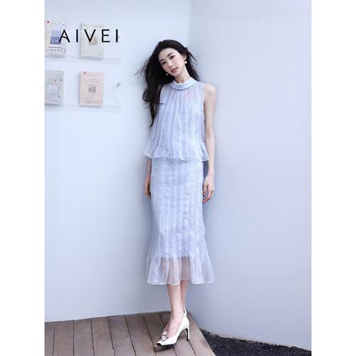 【孙乐言同款】AIVEI欣贺艾薇2026夏季法式优雅亮片无袖雪纺上衣