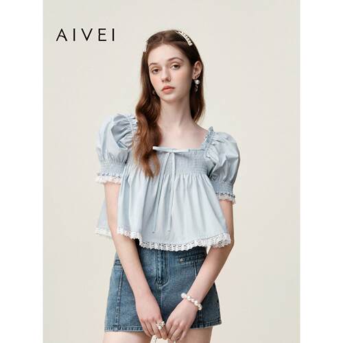 AIVEI欣贺艾薇2026夏季方领娃娃衫少女甜美泡泡袖短上衣XSV3S38B