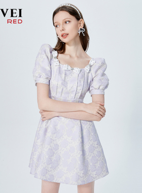 AIVEI欣贺艾薇夏季新方领褶皱显瘦泡泡袖提花连衣裙P036S011