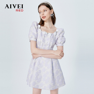 AIVEI欣贺艾薇夏季新方领褶皱显瘦泡泡袖提花连衣裙P036S011