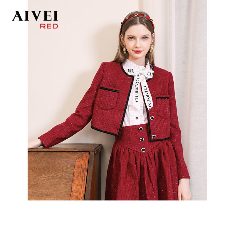 【虞美人系列】AIVEI欣贺艾薇2023冬新红色小香风短外套短裙套装,女装/女士精品,时尚套装,淘宝优惠券,粉丝福利购,淘宝优惠卷