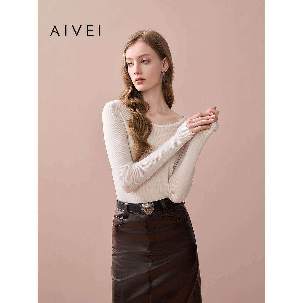 AIVEI欣贺艾薇2025秋季简约气质钉珠修身内搭圆领针织衫XRV5510B
