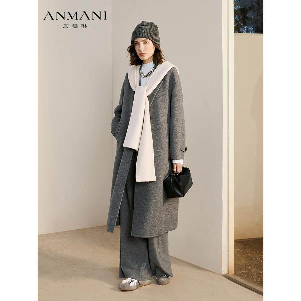 ANMANI恩曼琳25冬连帽围巾领假两件灰色女式毛呢外套大衣ERA7D08C,女装/女士精品,毛呢外套,淘宝优惠券,粉丝福利购,淘宝优惠卷