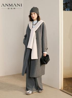 ANMANI恩曼琳25冬连帽围巾领假两件灰色女式毛呢外套大衣ERA7D08C