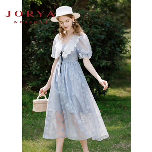 卓雅周末2024夏新款 田园碎花蕾丝V领网纱茶歇中长连衣裙EJWDBU52