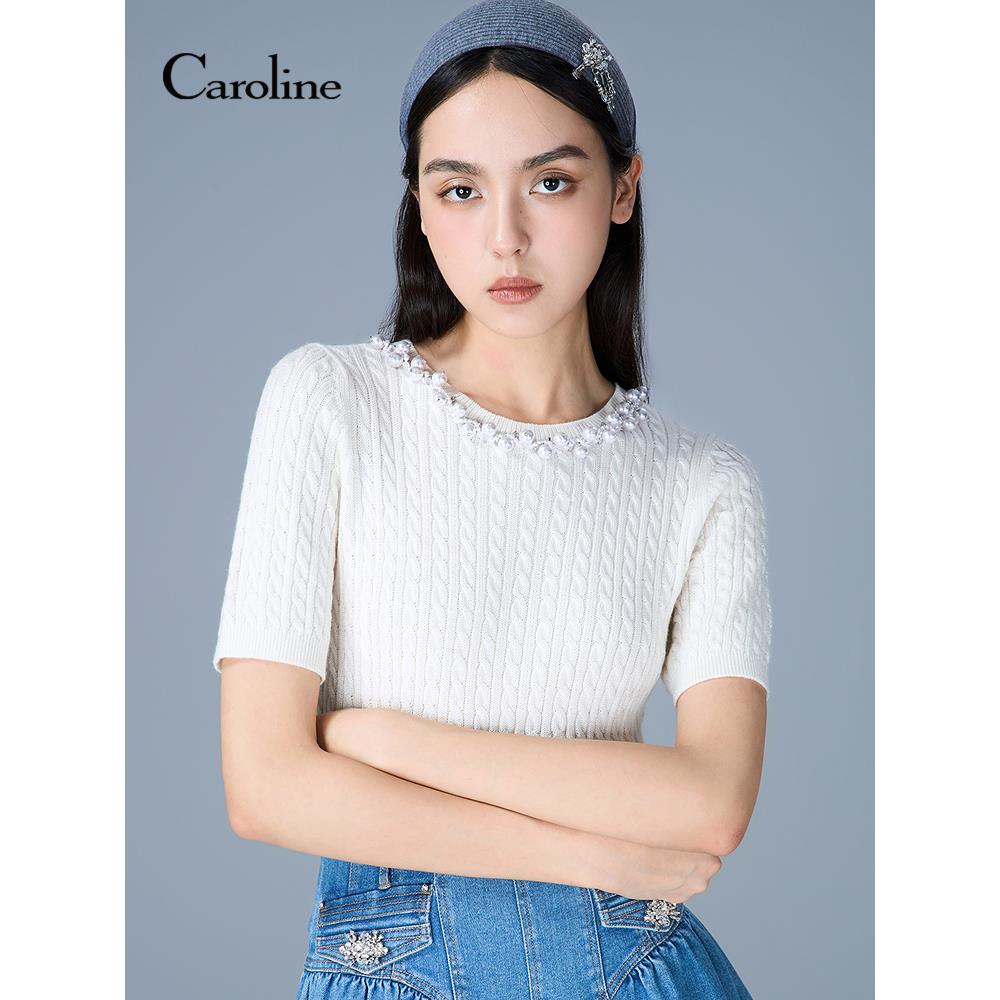 Caroline卡洛琳2025秋季新款柔美珍珠泡泡袖针织上衣ERC4M01C
