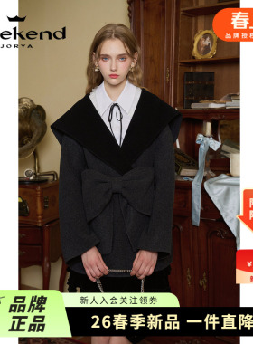 孟子义同款|卓雅周末24秋海军领蝴蝶结绵羊毛呢外套大衣XSW0D01A