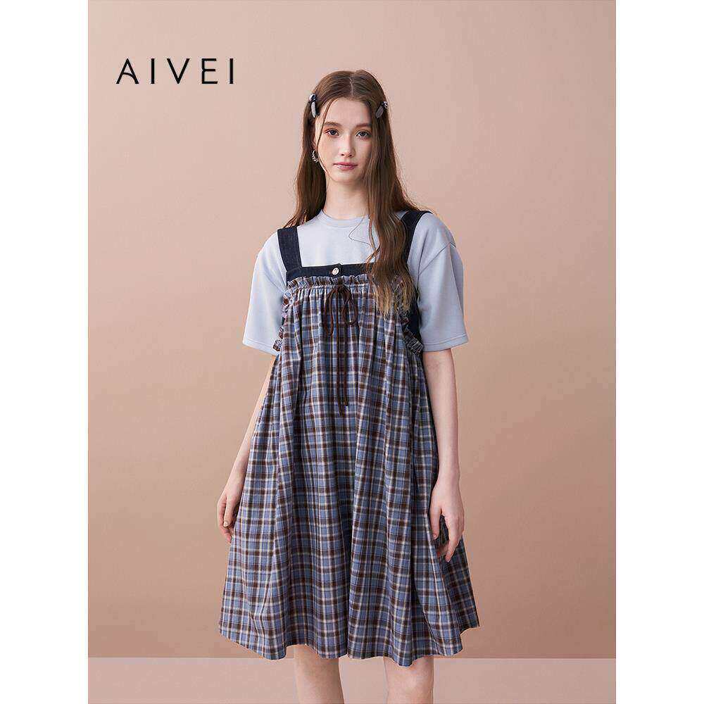 AIVEI欣贺艾薇2025秋季新文艺森系学院松弛感格子吊带裙XRV5L21A