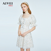 AIVEI欣贺艾薇2023夏新蕾丝边方领收腰小清新碎花连衣裙P036S085