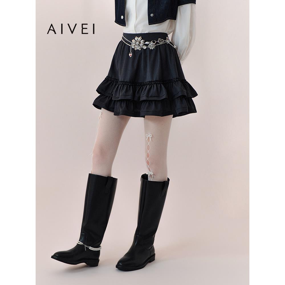 AIVEI欣贺艾薇2026春季新日系蛋糕裙学院荷叶条纹半身裙XSV1Q01B