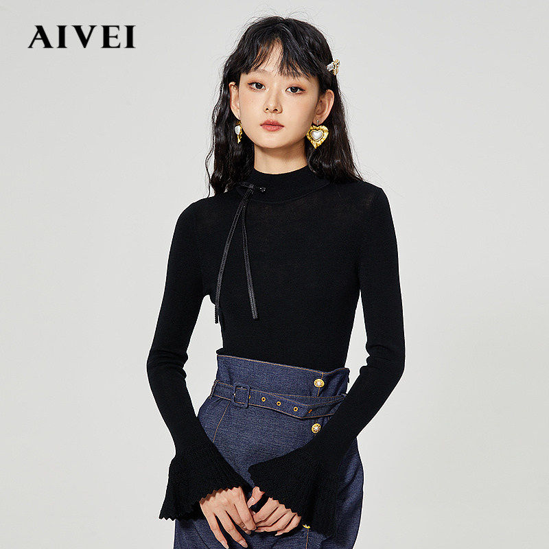 AIVEI秋季甜美千金慵懒小香通勤内搭半高领纯色针织衫女R758713W