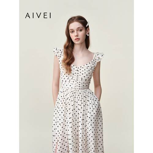 AIVEI欣贺艾薇2026夏季新法式浪漫淑女桃心领波点连衣裙XSV3L37B