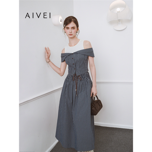 AIVEI欣贺艾薇2025夏季日式复古一字包肩假两件格纹上衣S724801B