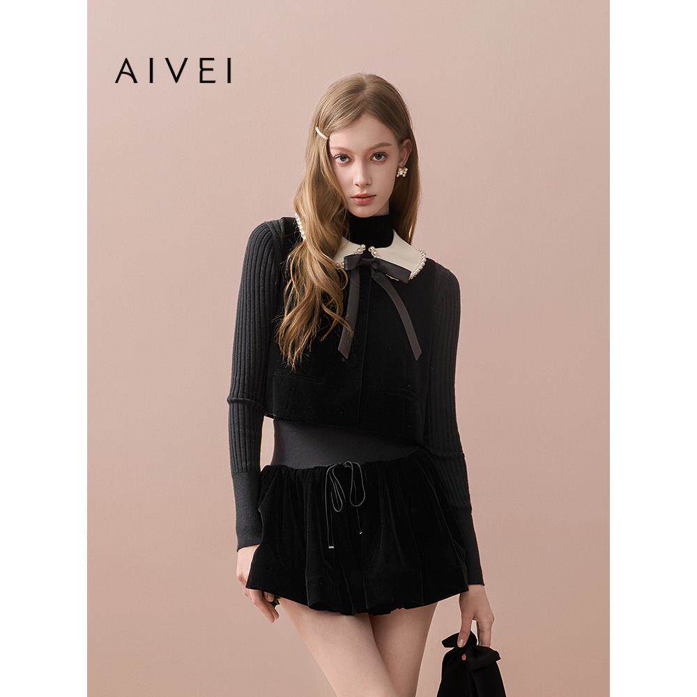 AIVEI欣贺艾薇2025秋季新名媛千金风丝绒马夹钉珠短外套XRV5S15B