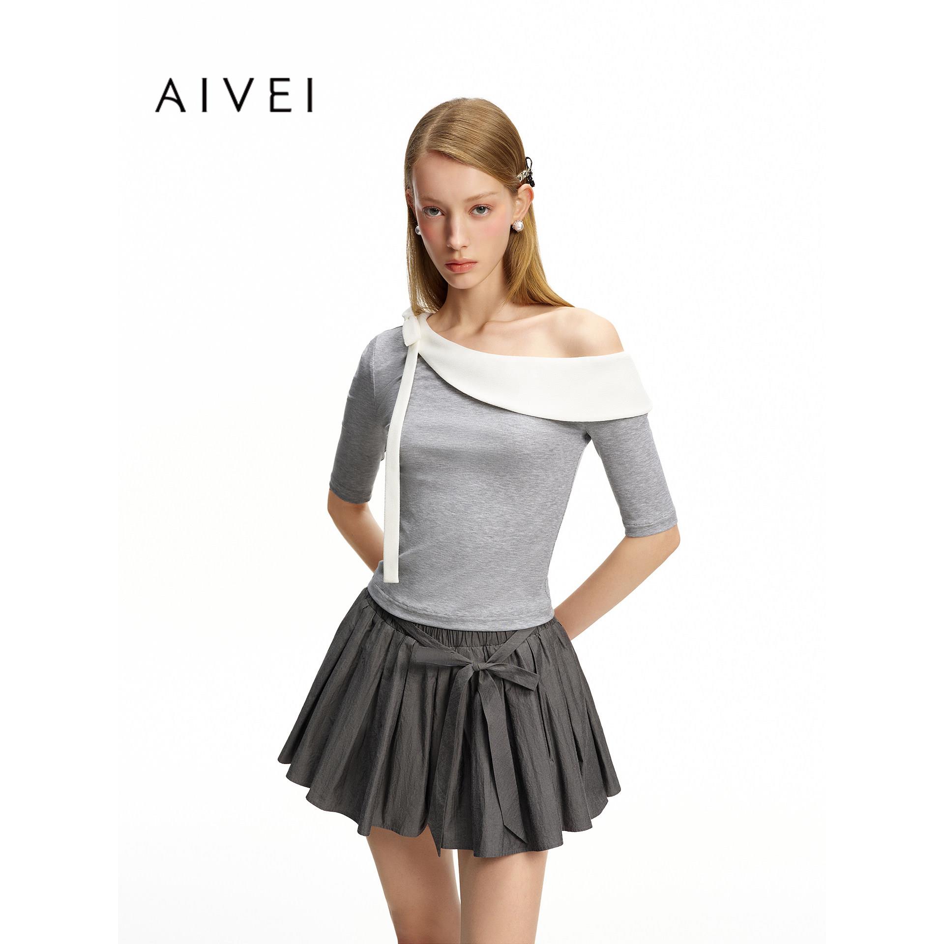 AIVEI欣贺艾薇2026夏季新chic蝴蝶结飘带五分袖斜肩上衣XSV3S46B