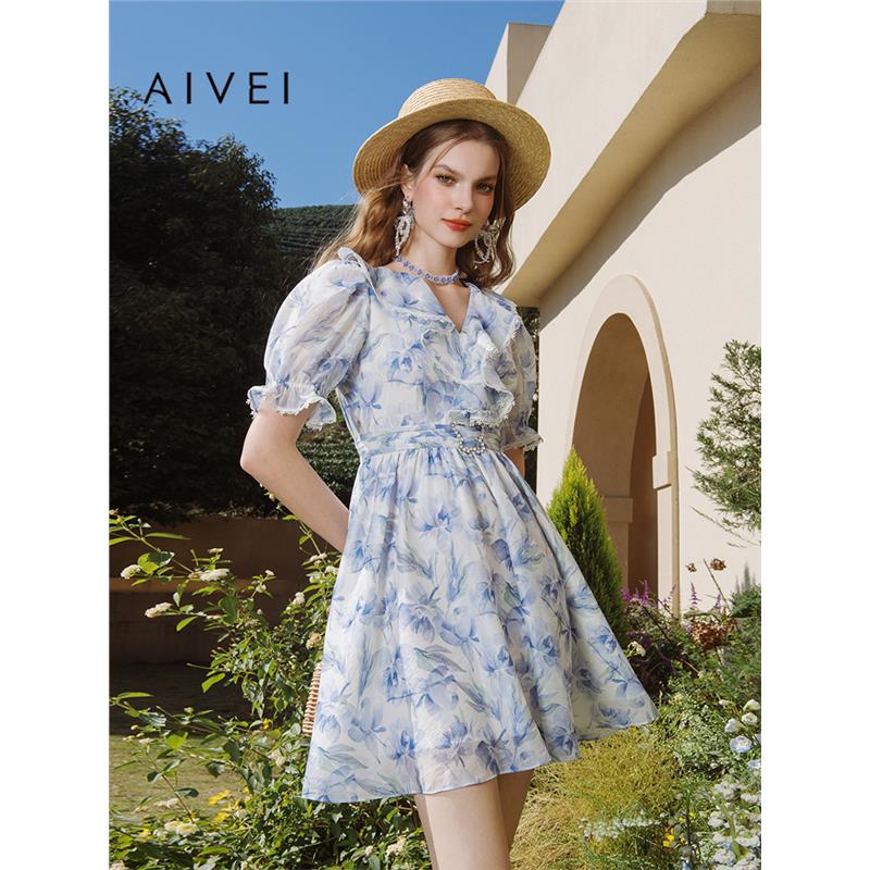 AIVEI欣贺艾薇 南法夏梦 夏季浪漫水墨印花雪纺连衣裙R036S025