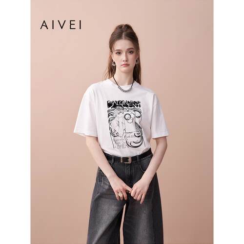 AIVEI欣贺艾薇2025早秋新ins日韩印花宽松短袖白色T恤XRV4T03A