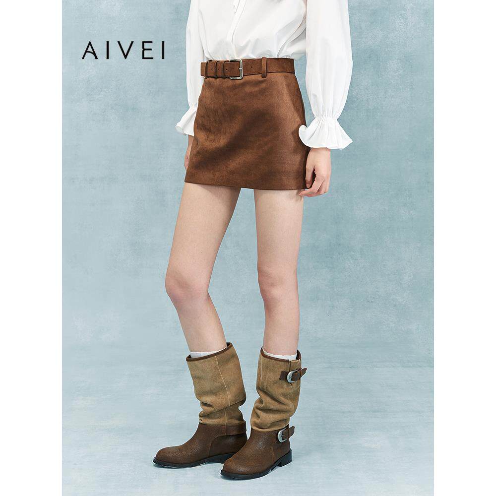 AIVEI欣贺艾薇2025冬季美拉德复古港风小个子麂皮A字裙XRV7Q35A