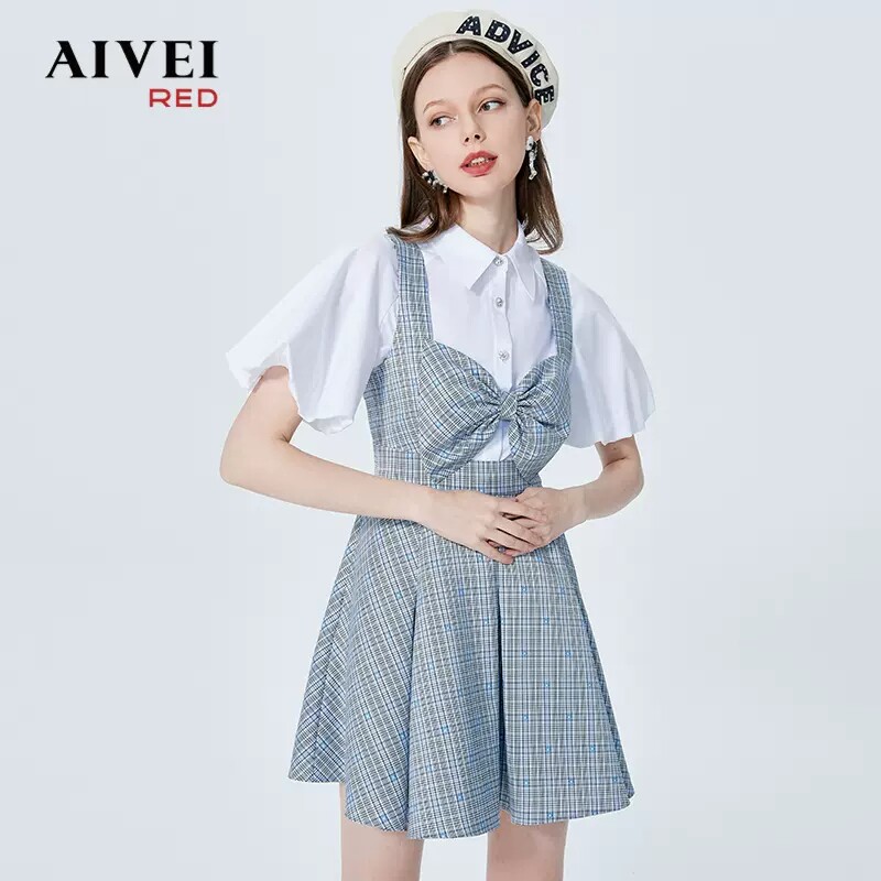 AIVEI欣贺艾薇夏季新日系学院风蝴蝶结高腰背带短裙P0360022