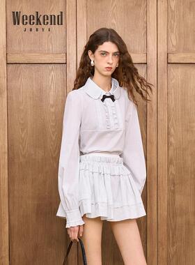 卓雅周末26春季新款个性翻领通勤荷叶边条纹灯笼袖衬衫XSW0S26A