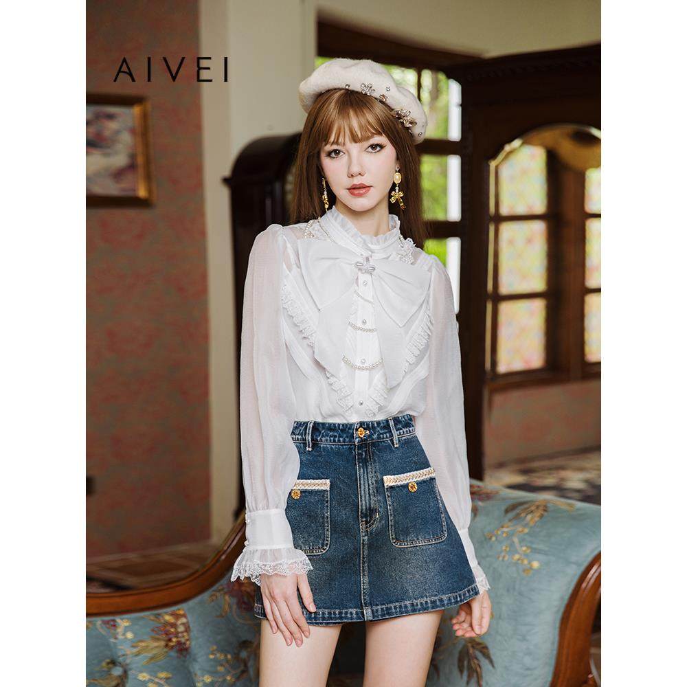 AIVEI欣贺艾薇秋季新品宫廷名媛风蝴蝶结雪纺衬衫Q0560027