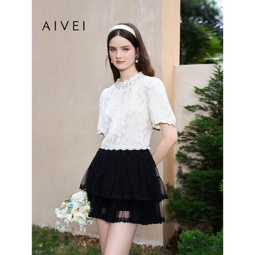 AIVEI欣贺艾薇夏季温柔淑女简约小香风钉珠蕾丝上衣R0360182