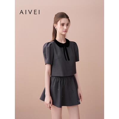 AIVEI欣贺艾薇2025早秋日系甜妹格雷千金清新娃娃领上衣XRV4S06B