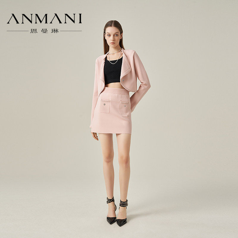 ANNMEL恩曼琳25春季新款小香风花边针织开衫迷你短裙套装EANFAA55