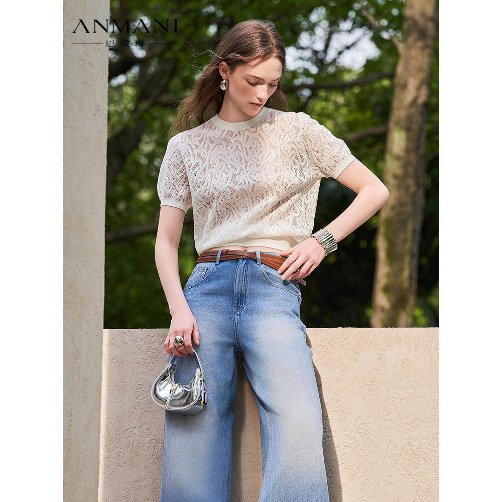 ANNMEL恩曼琳25夏季新款透视感绣花短袖白色针织T恤衫ERA3M01B