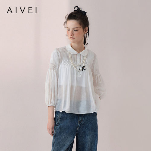 AIVEI欣贺艾薇2026春季文艺少女塔克褶娃娃领莱赛尔上衣XSV1C01S