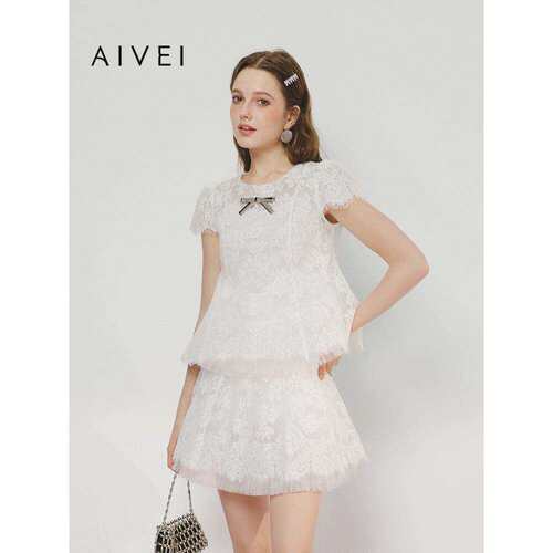 AIVEI欣贺艾薇2025春新甜美芭蕾公主风网纱绣花短袖上衣S711705A