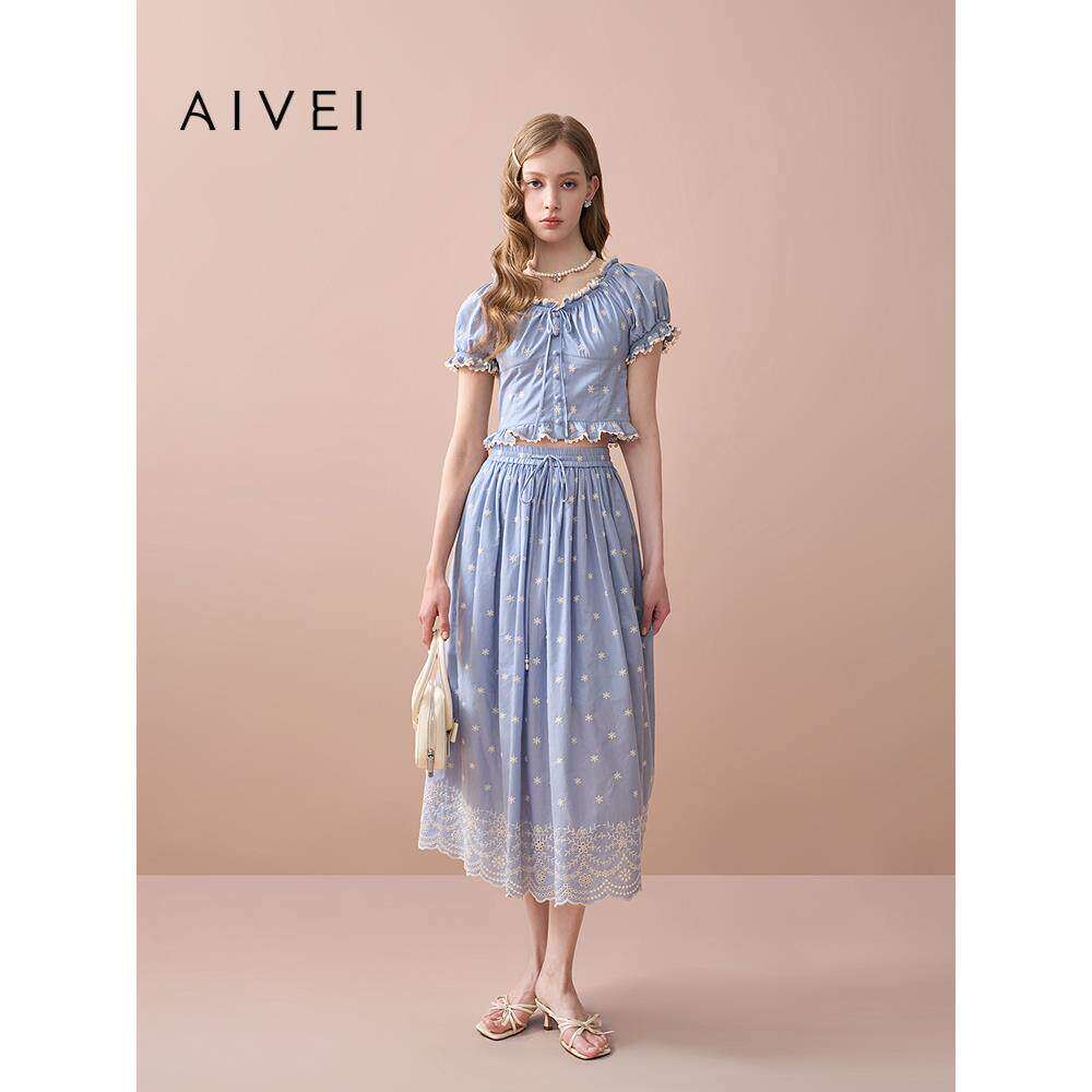 AIVEI欣贺艾薇2025夏季新波西米亚田园度假风刺绣中长裙XRV3Q01A