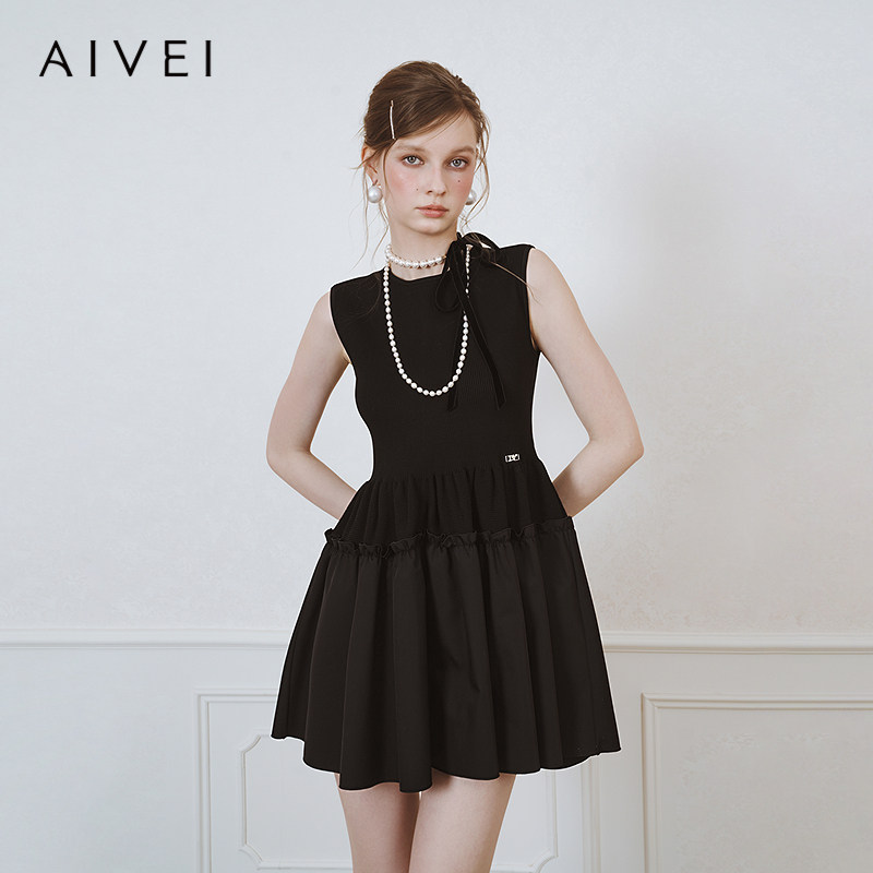 AIVEI欣贺艾薇2025夏季气质少女针织拼接黑色无袖连衣裙S720501A