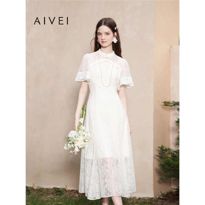 AIVEI欣贺艾薇夏季新优雅气质新中式长款礼服蕾丝连衣裙R0360185