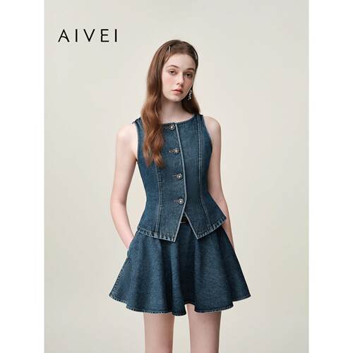 AIVEI欣贺艾薇2026夏季新港风高知通勤收腰背心牛仔马甲XSV3S25B