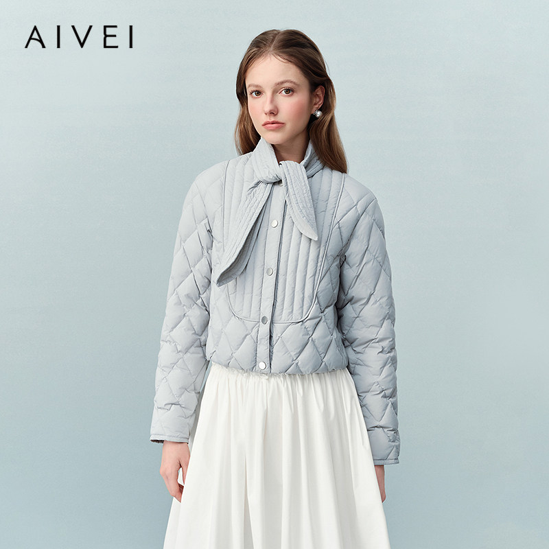 AIVEI欣贺艾薇2026春季新韩系复古系带领菱格薄羽绒服XSV1G01C